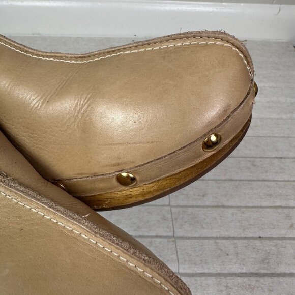 Bird of Flight Studded Mules Clogs Taupe Leather Wooden Soles Sz 7.5 - Cottage - Picture 7 of 7